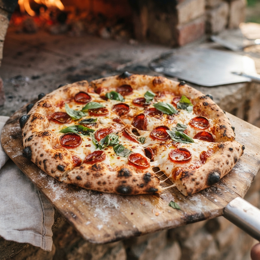 Freshly baked pepperoni pizza