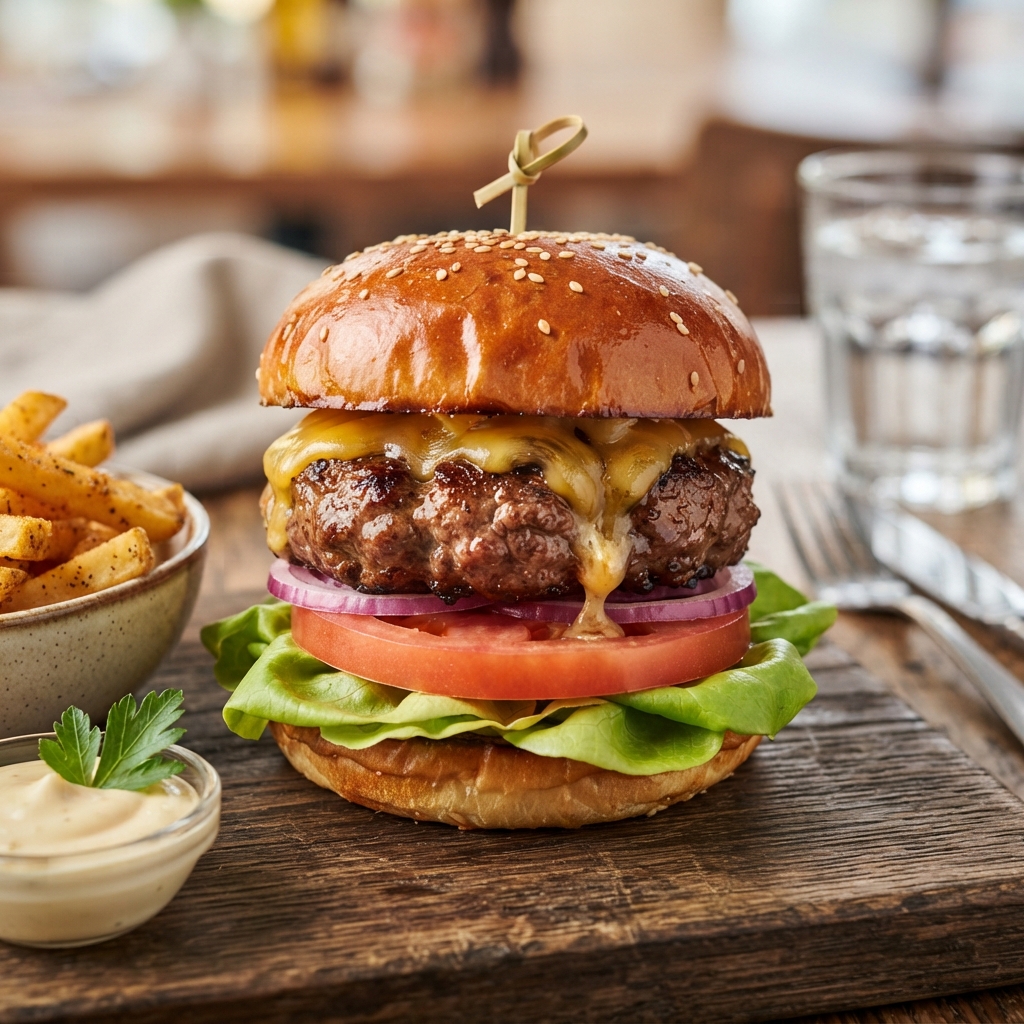 Gourmet burger with salad