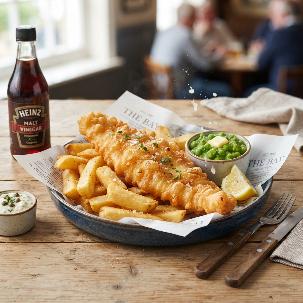 Fish and chips with mushy peas